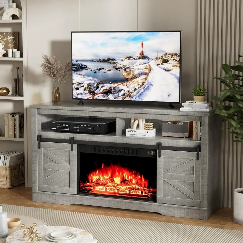 

TV Stand for TVs Up To 65" with Sliding Barn Door and Adjustable Storage Shelves Farmhouse Electric Fireplace TV Console