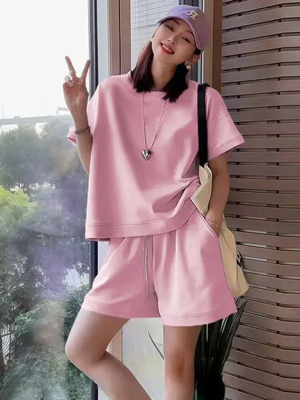 

Summer Sportswear Set Women's Casual Loose Short Sleeve Fashionable Two-Piece Suit High Waist Shorts Polyester Fiber T-Shirt