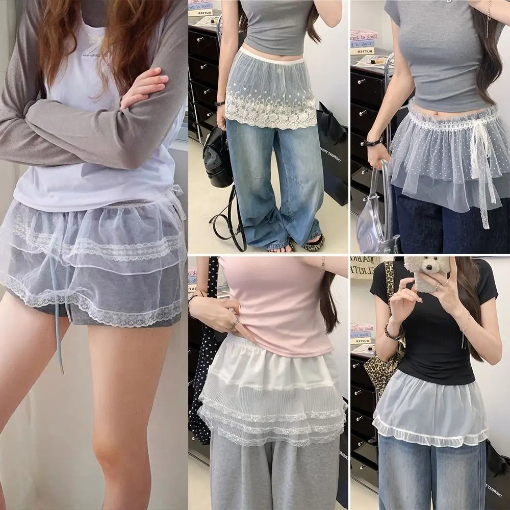 

Модная кружевная мини-юбка из сетки с высокой талией, оборками и плиссировкой, с декоративным джинсовым подолом, эластичная короткая юбка-шорты