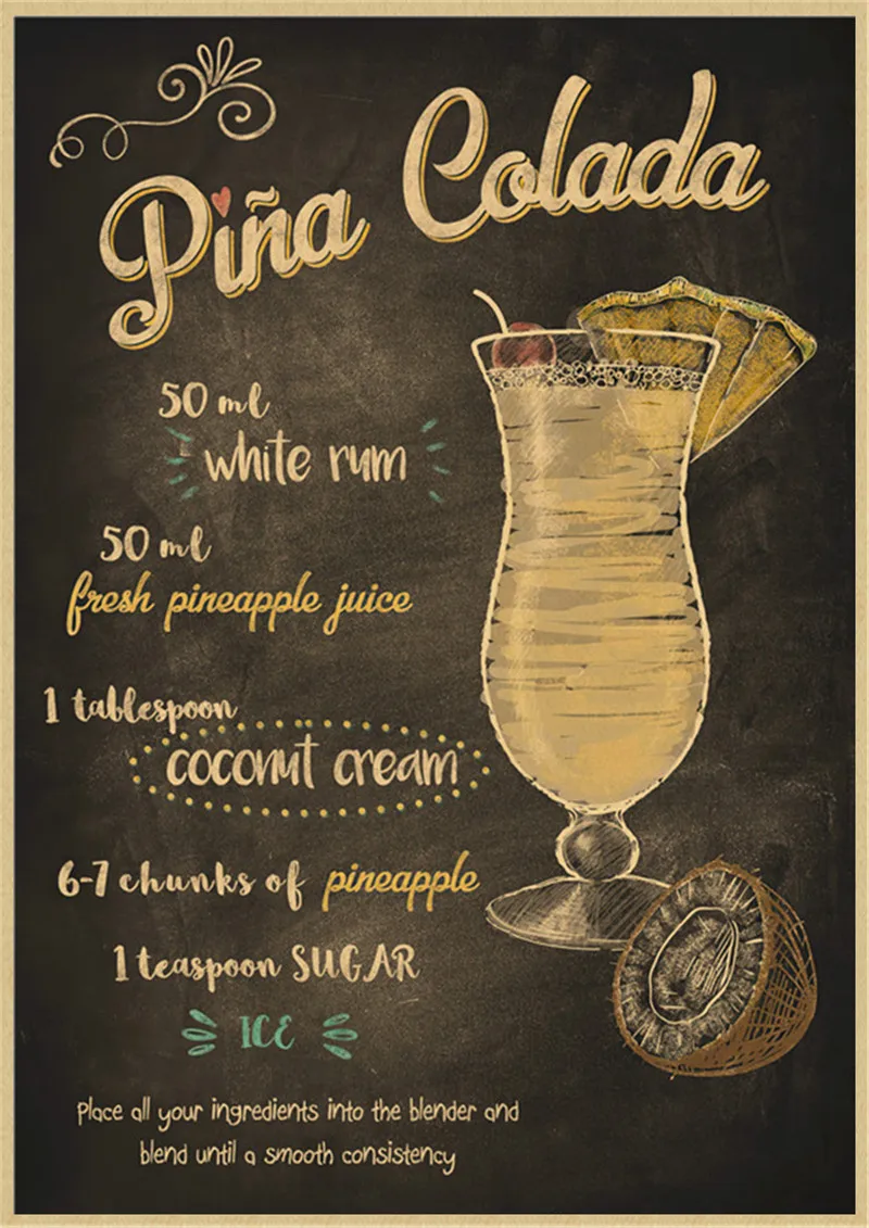 Vintage Mojito Cocktail Drink Poster Retro Kraft Paper Wall Art Pub Club Bar Decorative Sticker Classic Barware Theme
