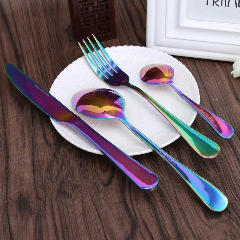 Stainless Steel Flatware Set Rainbow Colorful Cutlery Knife Fork Spoon Teaspoon