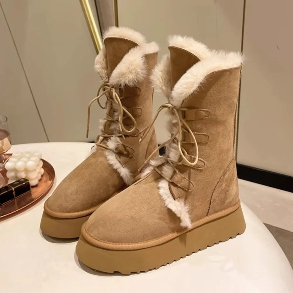 

Теплые зимние ботинки с мехом в стиле ретро для женщин зимы 2026, новые противоскользящие хлопковые туфли на толстой подошве и плюшевой толстой подошве.