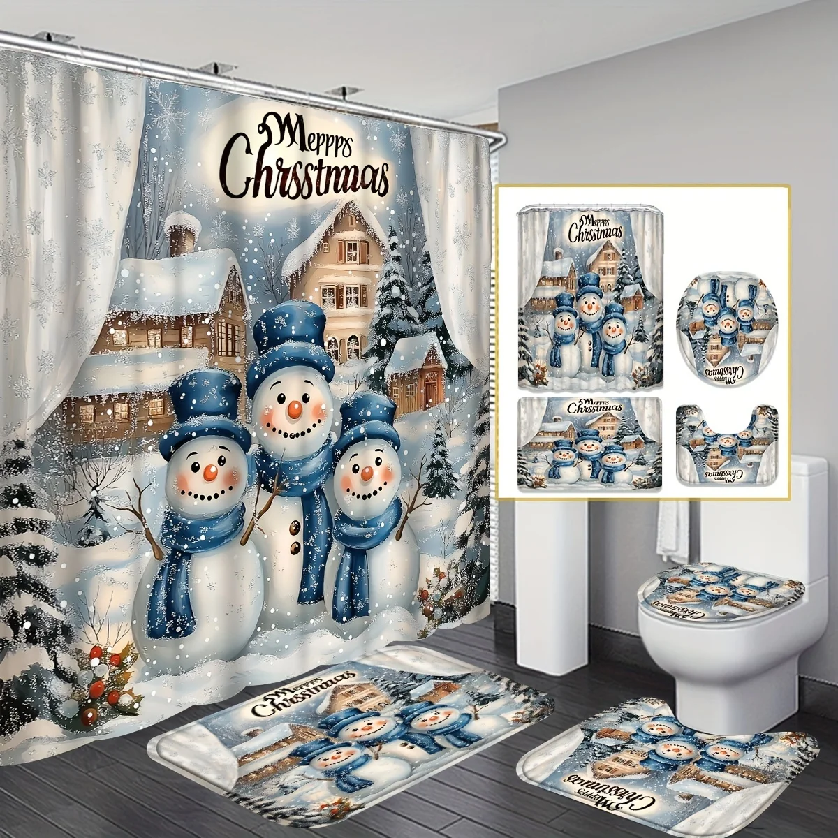 

Рождественский душевой набор «Зимний снеговик» из 4 предметов — принт снежинки, 12 крючков, нескользящий коврик, крышка унитаза, праздничный декор для ванной комнаты