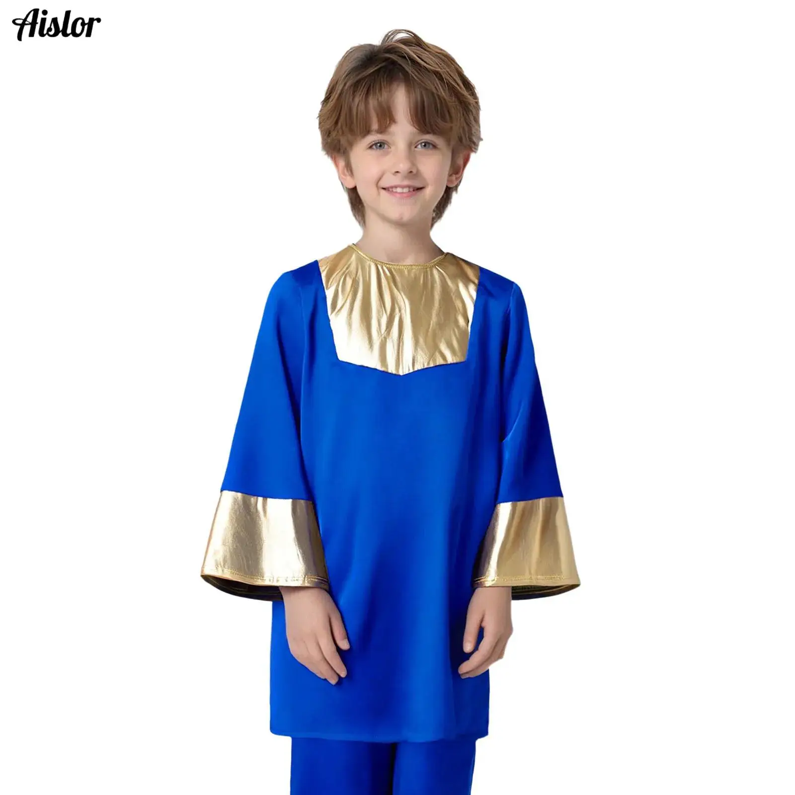 

Kids Boys Girls Worship Praise Dance Top Round Neck Long Sleeve Zipper Metallic Color Block Patchwork Robe Church Choir Tunic