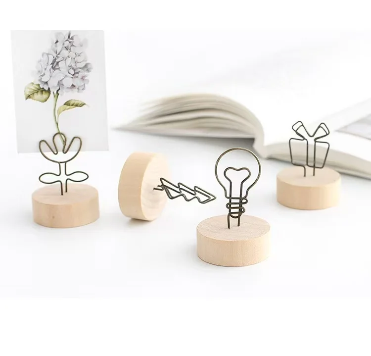 2Pcs Random Style Wooden Photo Memo Clip Creative Metal Wire Note Card Holder Retro Desk Picture Stand Table Number Clips Office