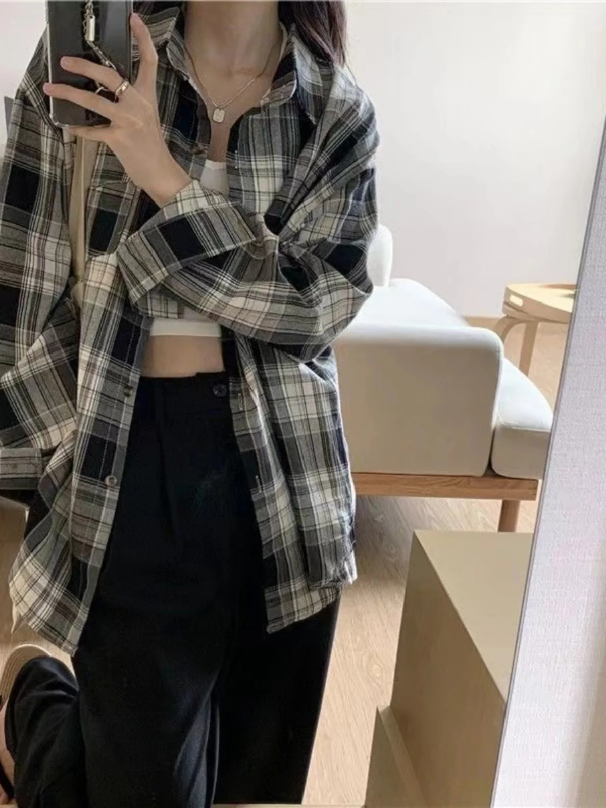 2025 New Women's Loose Plaid irt Korean Sle Design Sensation Spring Autumn Faion Commute Sle Regular Sve Long ...