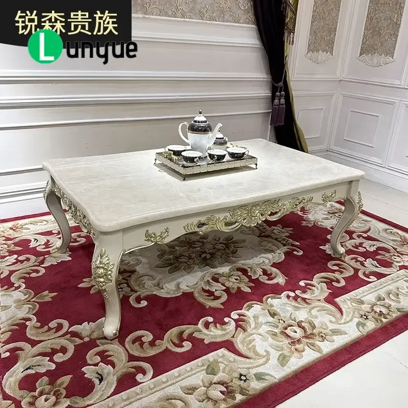 French Style Large Rectangular Marble Coffee Table European Solid Wood Carved Flower Design Living Room Furniture Elegant