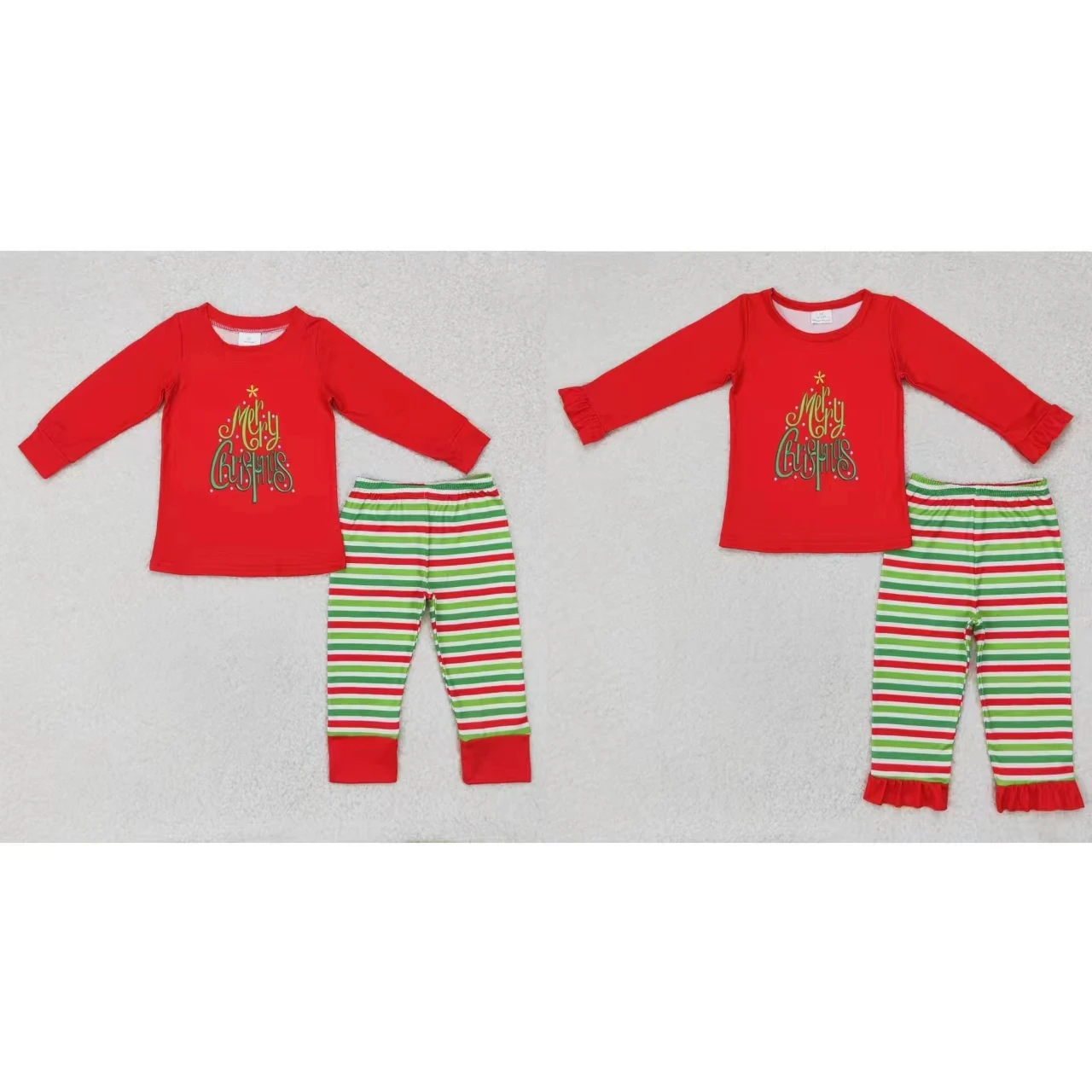 Wholesale Kids Toddler Long Sleeves Shirt Children Red Green Stripes Pants Baby Boy Girl Christmas Set Sleepwear Pajamas Outfit