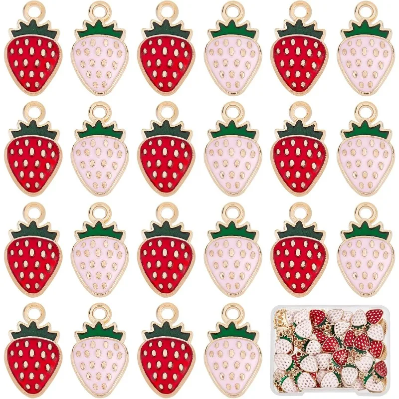 

60Pcs Strawberry Charms Bulk Pink Enamel Strawberries Charm Small Red Strawberry Charms Fresh Fruit Flatback Charms