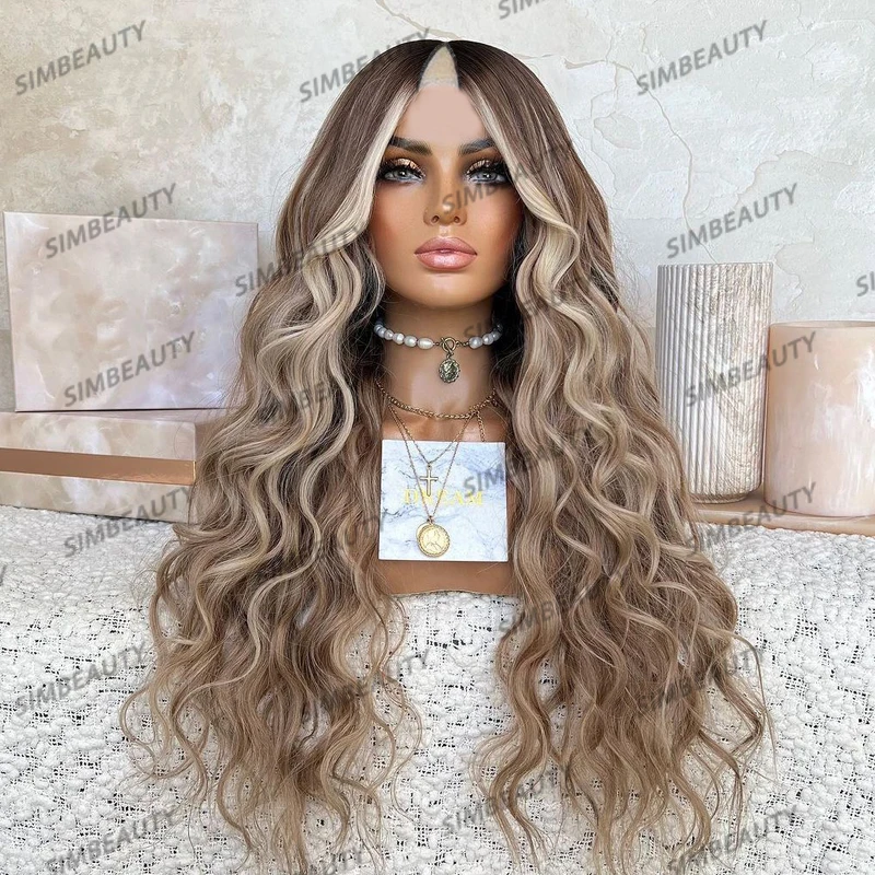 

Glueless Long 28Inches Ashy Beige Human Hair 1x4 Opening V Part Wigs for Black Women Brazilian Highlight Brown Blonde Wigs Remy