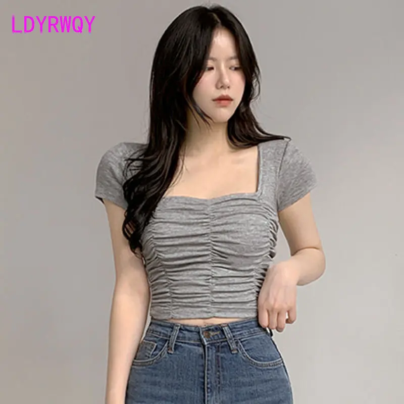 

Pleated square neck short sleeve T-shirt women's summer small sexy high waist cropped top