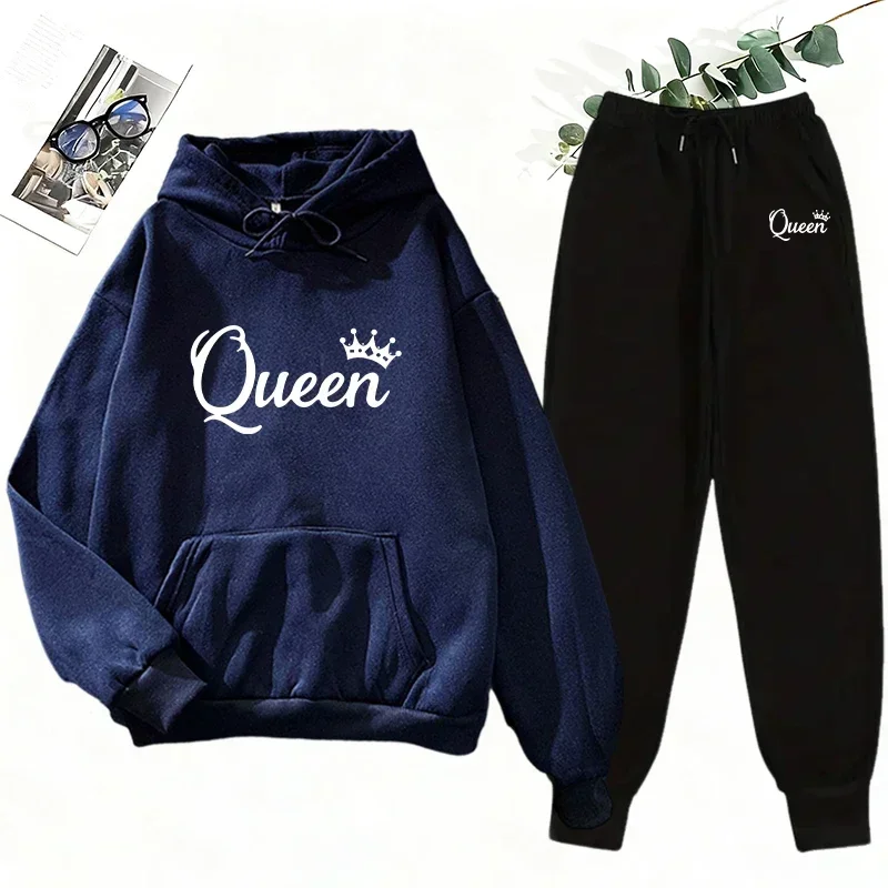 Women's 2 Piece Matching Set Queen Print Hoodie and Sweatpants Casual Street Style Outfit Autumn Winter Home Outdoor Sportswear