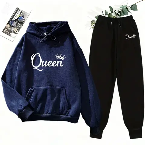Women's 2 Piece Matching Set Queen Print Hoodie and Sweatpants Casual Street Style Outfit Autumn Winter Home Outdoor Sportswear