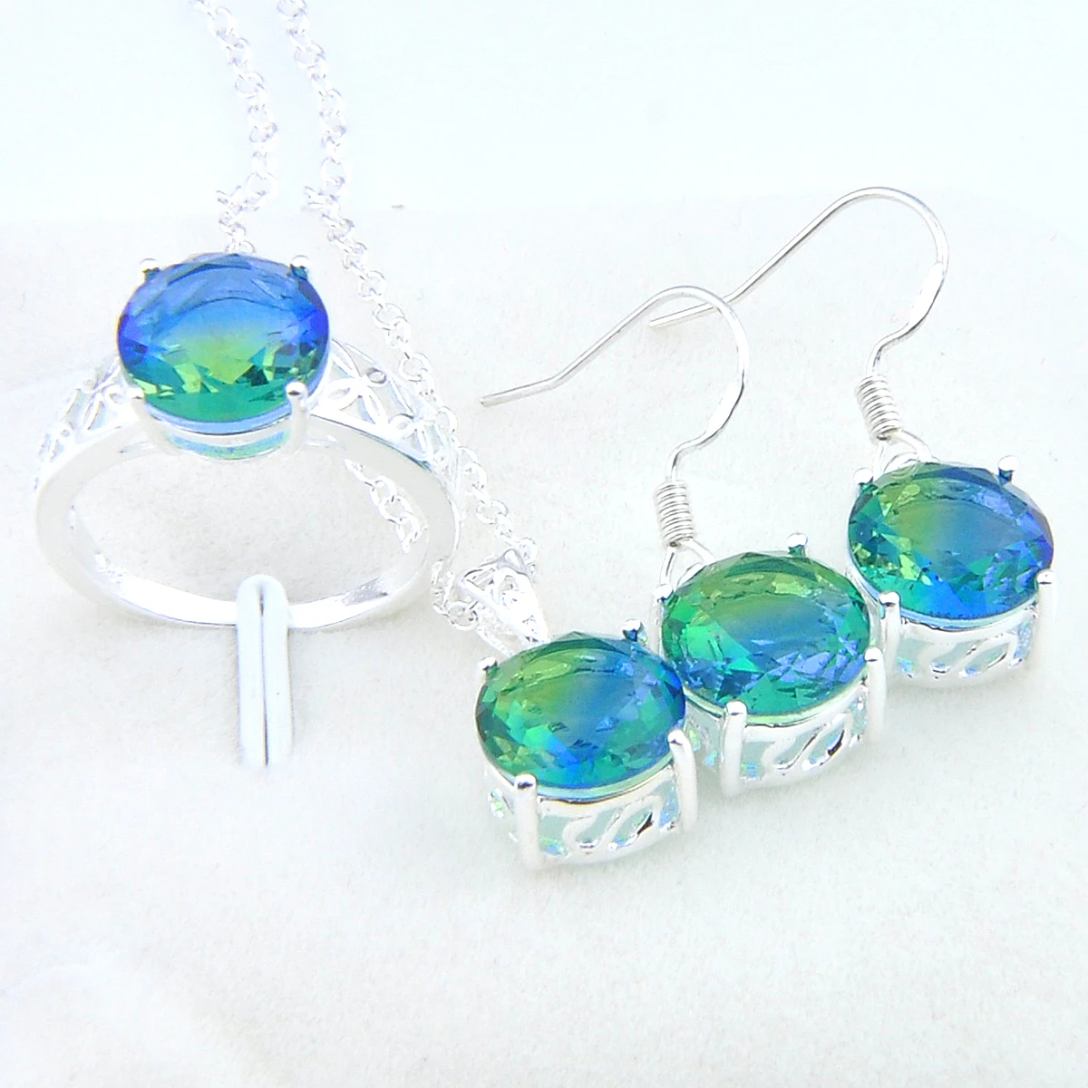Luckyshine Jewelry Set Round Cut Fire Blue Green Tuourmaline Gemstone Silver Pendant Necklace Dangle Earrings Rings Size 7 8 9