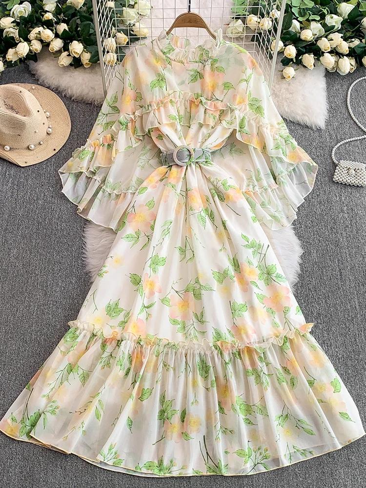 

Summer Women's Round Neck Flared Sleeve Dress New Pink Print Fashionable Beach Vacation Ruffle Edge Chiffon Long Dress J01