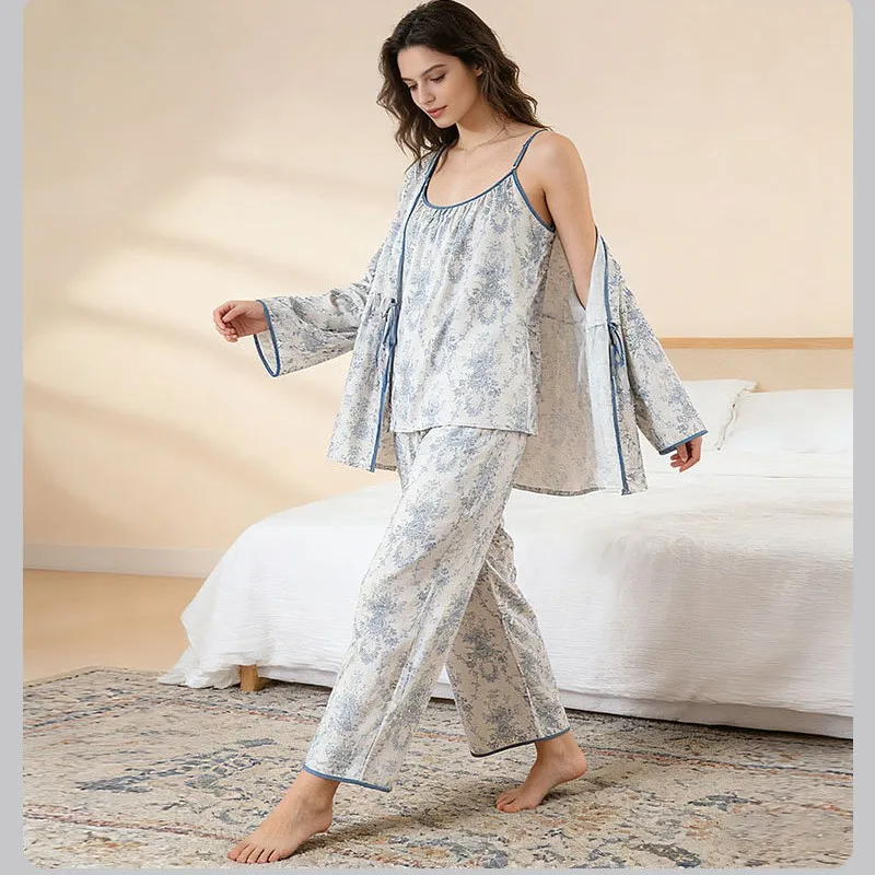 Print Floral Trouser Suits Pajamas Woman Summer Home Wear 3 Pieces Sleep Robe Sling Pants Nightie Pijamas