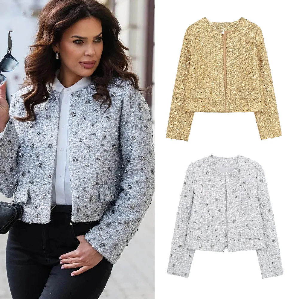 2024 Women Sequins Coat O Neck Long Sleeves Female Loose Jacket Gold Silver Wild Shiny Short Woman Cardigan Streetwear