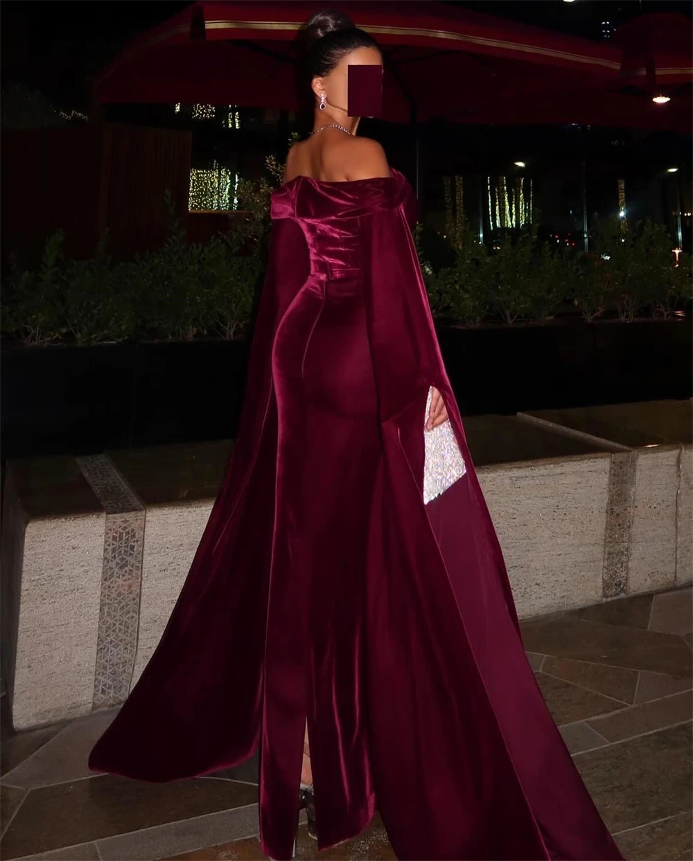 Customized Temperament Burgundy Velour Evening Dress High Quality Ruched Long Sleeves Boat Neck Sweep Train Vestido De Noche