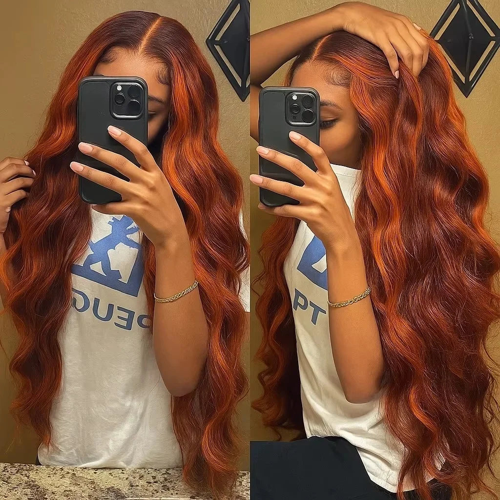 Smilegirl P4/350 Ginger Orange Highlight Ombre Body Wave Wigs HD Transparent Lace P1B Purple for Black Women 220% Density Human Hair Wigs Pre Plucked with Baby Hair