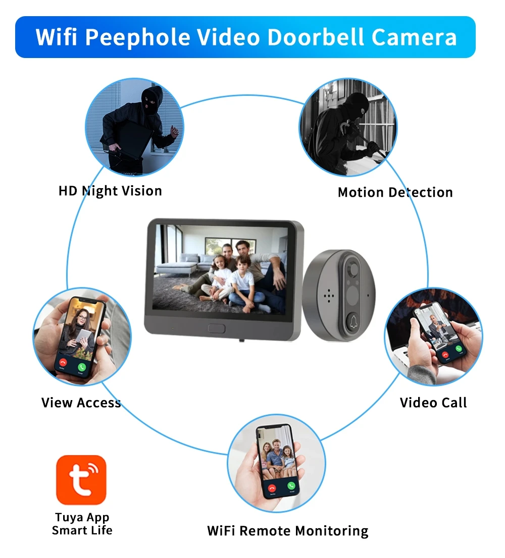 Tuya Smart 4.3 Inch WiFi Video Peephole Doorbell Camera Digital Magic Eye Wireless Door Viewer HD 1080P Outdoor Alexa Door Bell