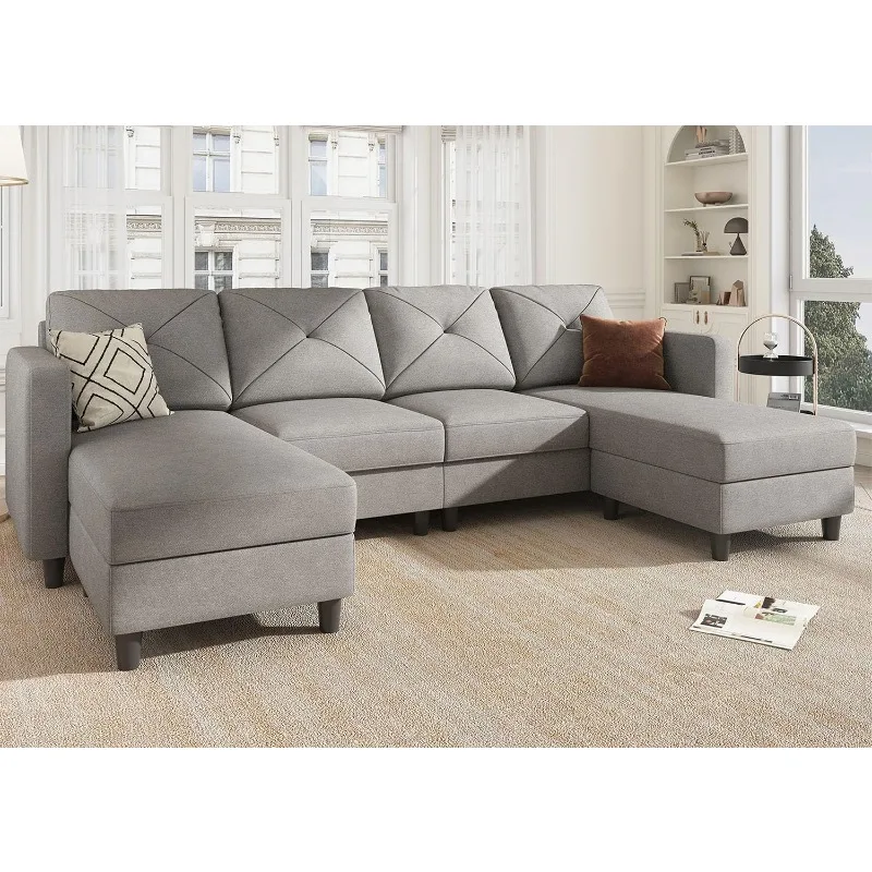 U Shaped Sectional Couch Convertible Sectional Couch with Double Chaise 4 Seat Sectional Sofa for Living Room, Light Grey