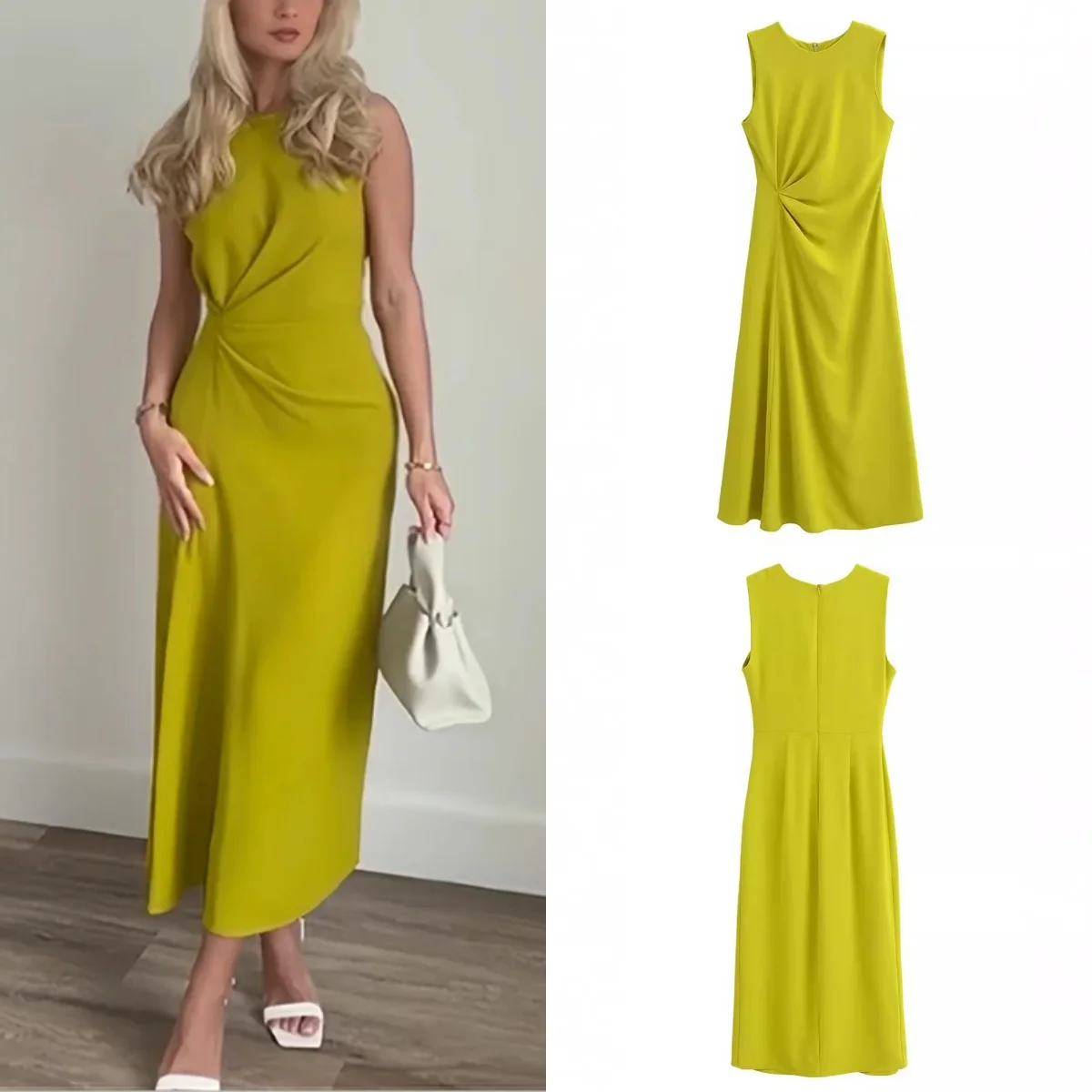 Women\'s Elegant Mustard Side Gathering Round Neck Back Zip Sleeveless Midi Dress Ruffle Dress Yellow Sleeveless Tank Dress