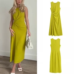 Women's Elegant Mustard Side Gathering Round Neck Back Zip Sleeveless Midi Dress Ruffle Dress Yellow Sleeveless Tank Dress