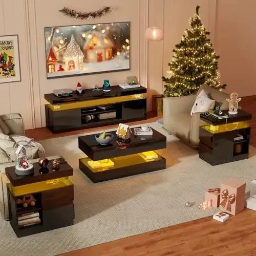 4 Pieces LED High Gloss Living Room Table Set, Includes 2-Tier Coffee Table with Drawers, 63