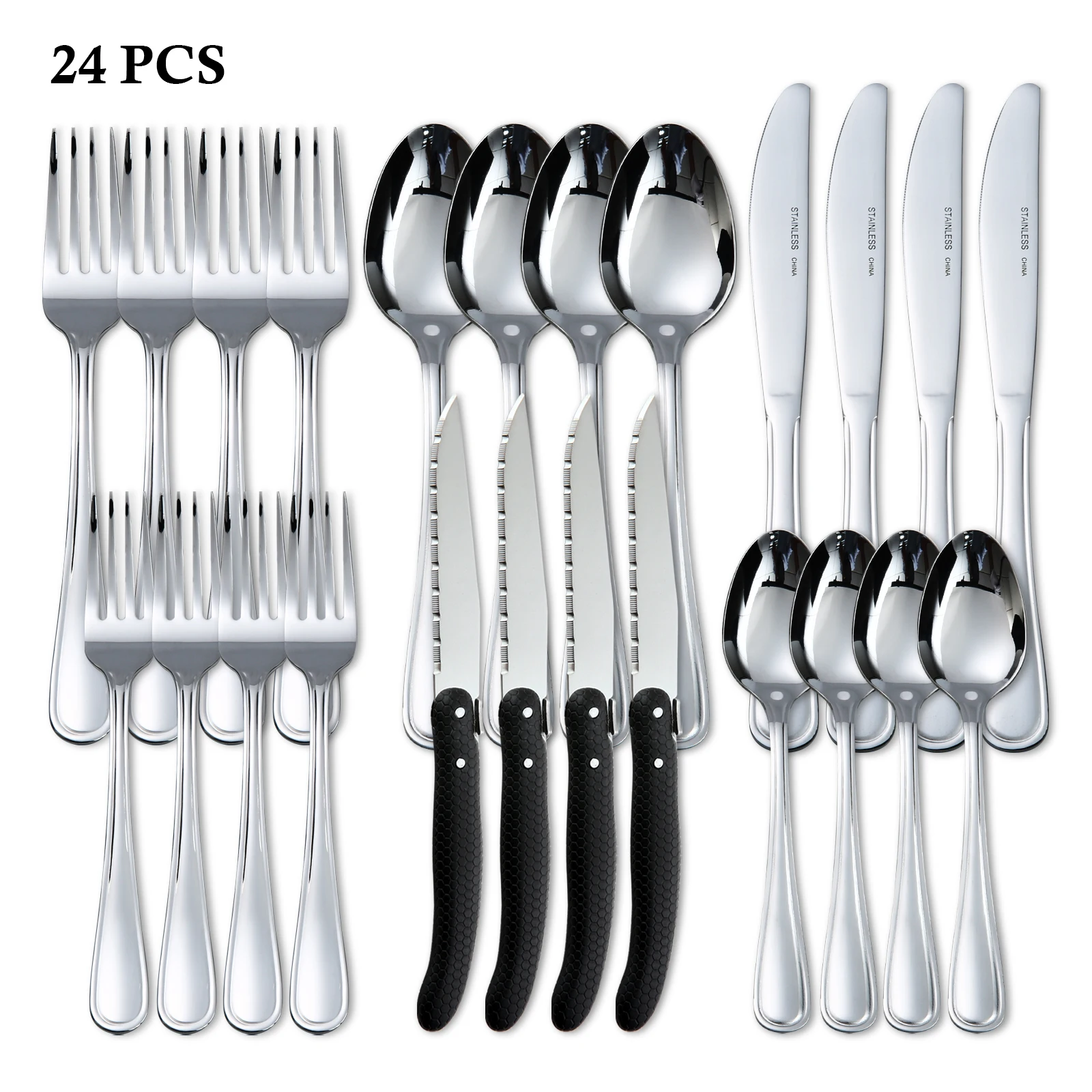 HANSMART 24Pcs Stainless Steel Knife Fork Spoon Tableware Flatware Set Service for 4Festival Kitchen Dinnerware Gift