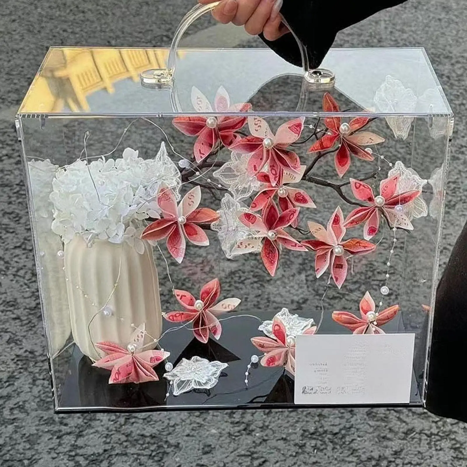 Clear Acrylic Flower Box with Handle Versatile Rectangular Reusable for Valentine's Day Arrangement Gift Tote Bag Waterproof