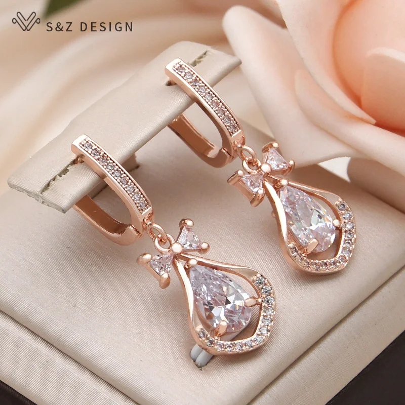 

S&Z DESIGN New Fashion Water Drop Cubic Zirconia Bowknot Dangle Earrings For Women Wedding 585 Rose Gold Color Jewelry Gift