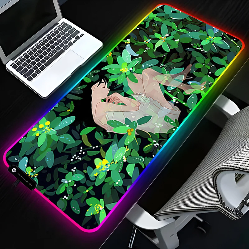 

RGB светодиодный коврик для мыши, резиновый коврик для мыши, удлиненный коврик, аксессуары для ПК, настольный коврик, нескользящие игровые коврики в зеленых растениях, офисный коврик для клавиатуры