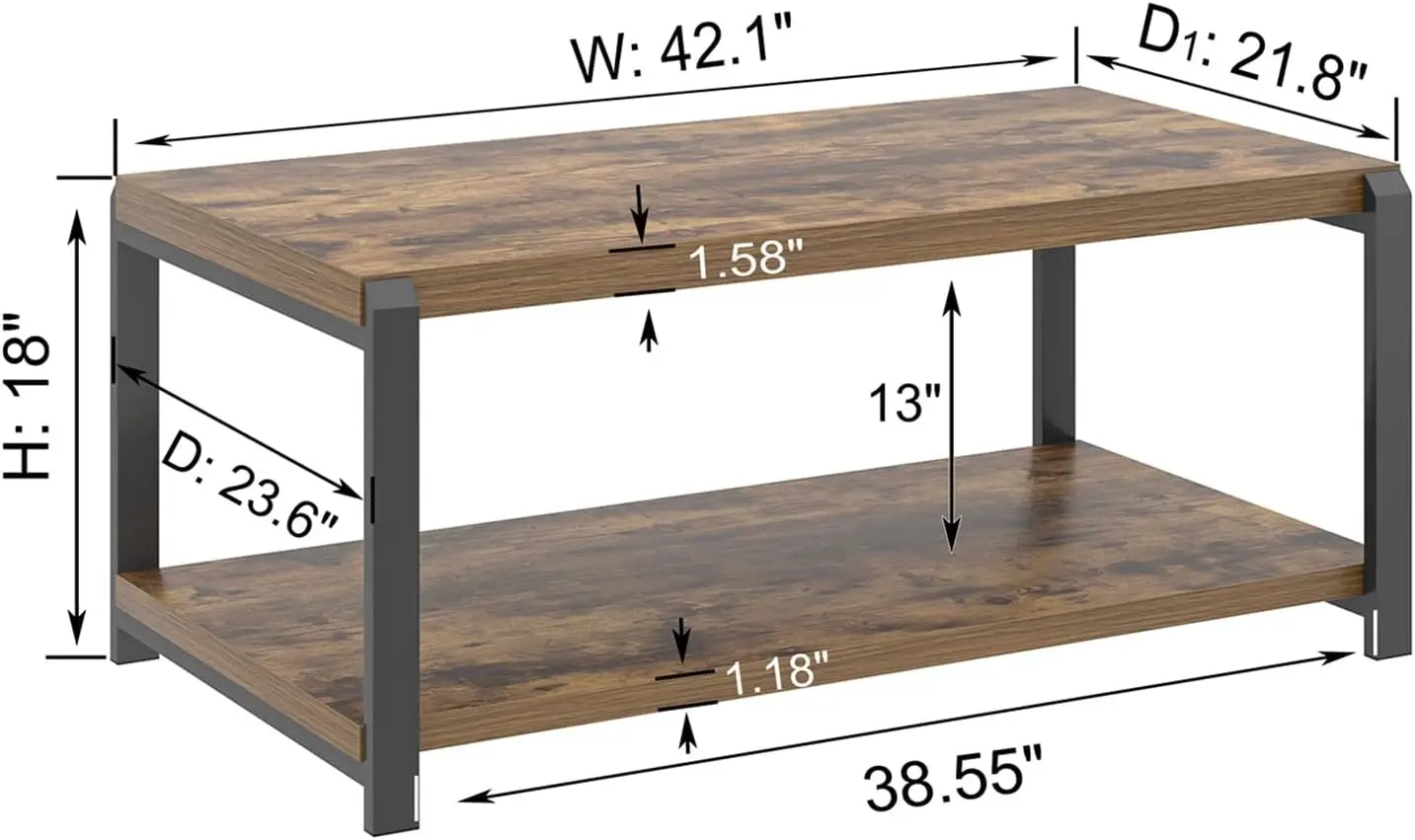 EXCEFUR Modern Coffee Table, Industrial Wood and Metal Center Table, Cocktail Tea Tables for Living Room, Rustic Brown