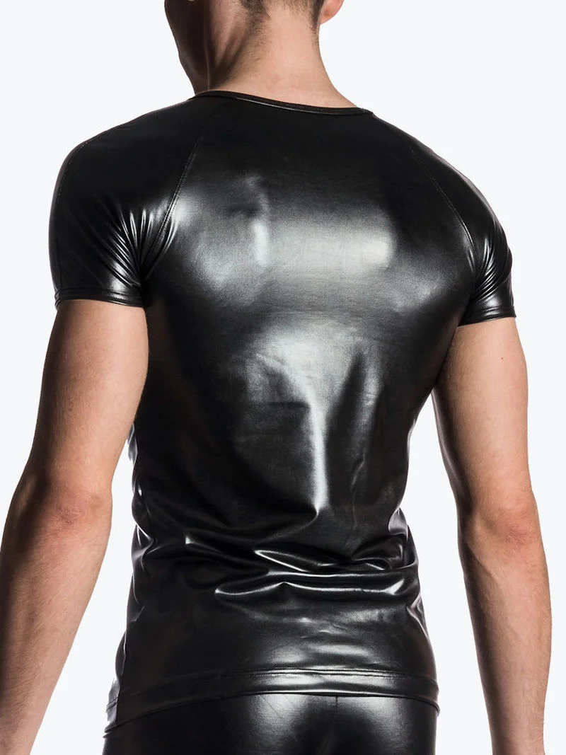 Mens Sexy Leather Tights Tops Zipper Crotch Shorts Stretch Fetish Wear Slim Hot Pants Bodycon Shaping T-shirts   Ecoparty