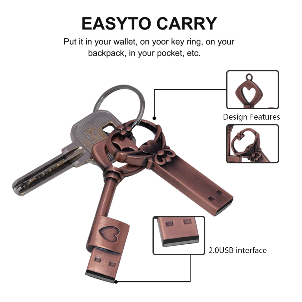 Copper Love Heart Shaped Key Usb Flash Drive Pendrive Pen Drive 4Gb 16Gb 32Gb 64Gb Metal Keys Memory Stick Wedding Gift