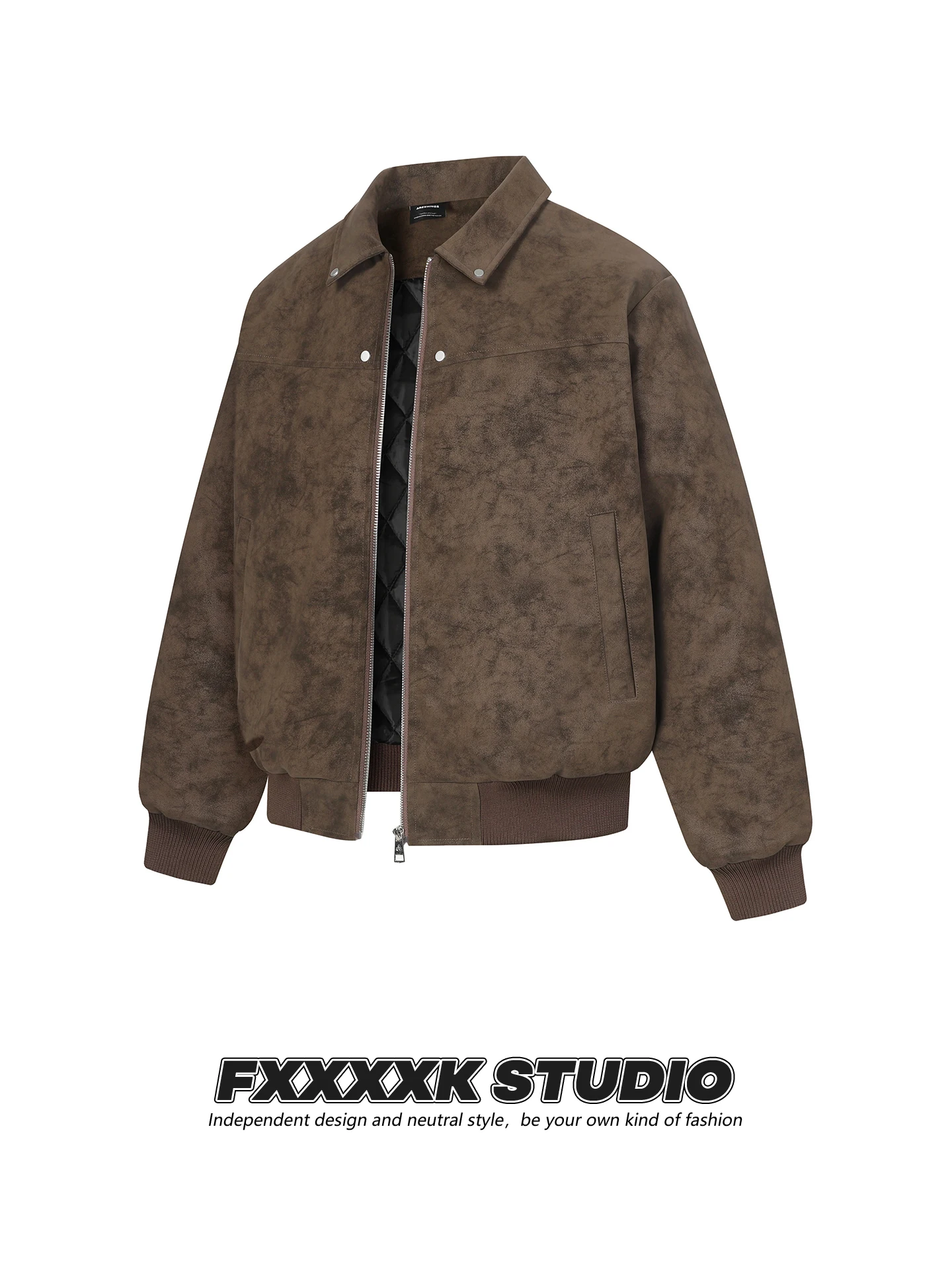 

Original FXK American Retro PU Leather Jaet Thiened Warm Cotton Decorated with Metal Rivets Loose Fit Long Sve Coat