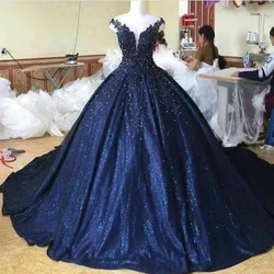 Vinca Sunny Customized  Navy Blue Dresses Sparkly Lace Beads Off The Shoulder Women Formal Guest Party Gowns Robe De Soiree