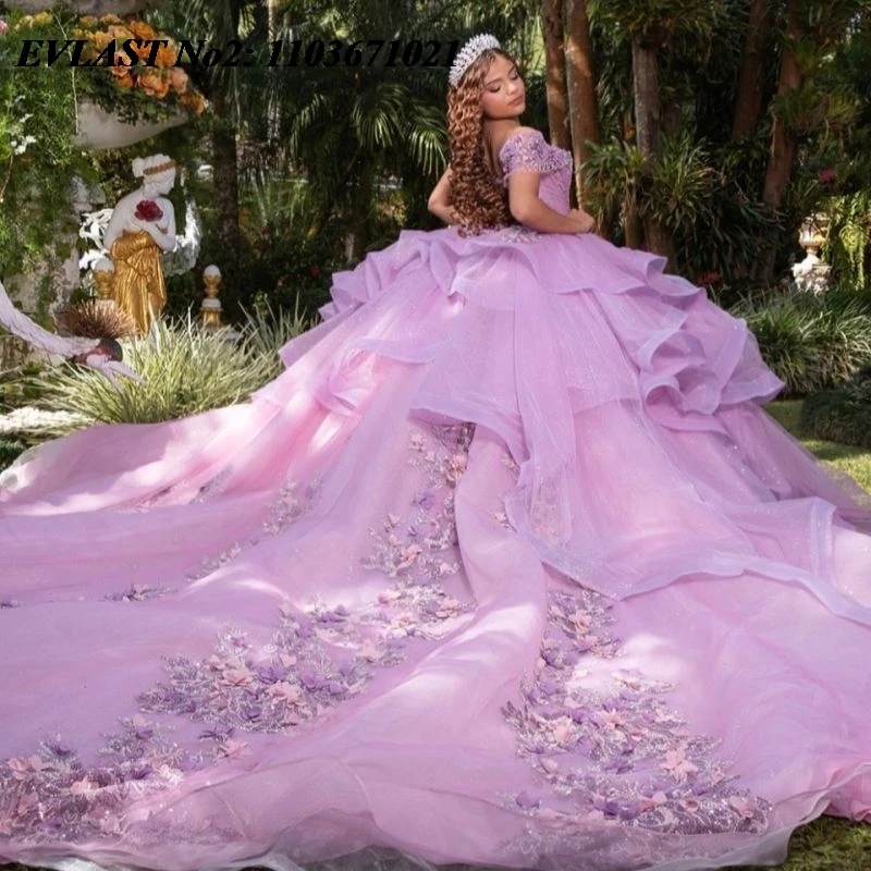 EVLAST Vestido de Quinceañera Mexicano Personalizado Color Lila, Vestido de Gala con Apliques Florales, Cuentas, Volantes y Lazo, Vestidos de 15 Años E2QA303