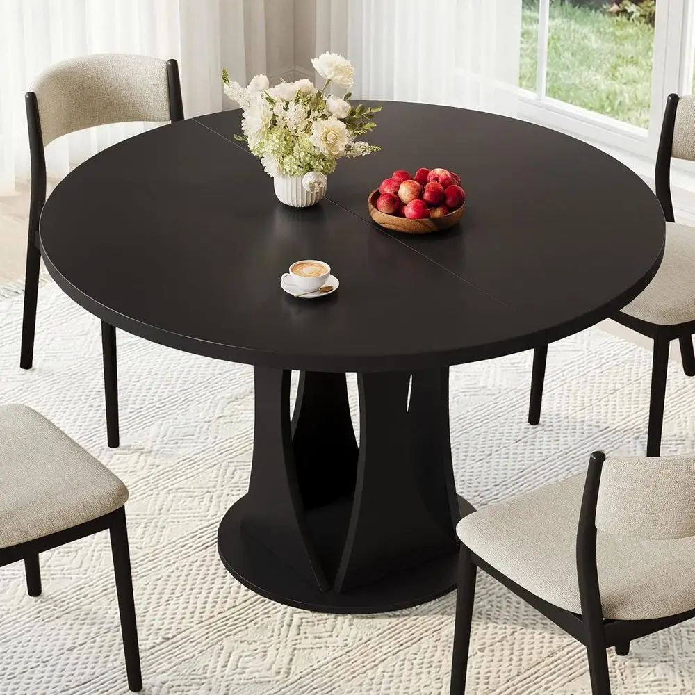 47 Round Dining Table for 4-6, Wooden Top with Geometric Arc Pedestal, Suitable for Kitchen, Dining Room, Living Room, Office, B