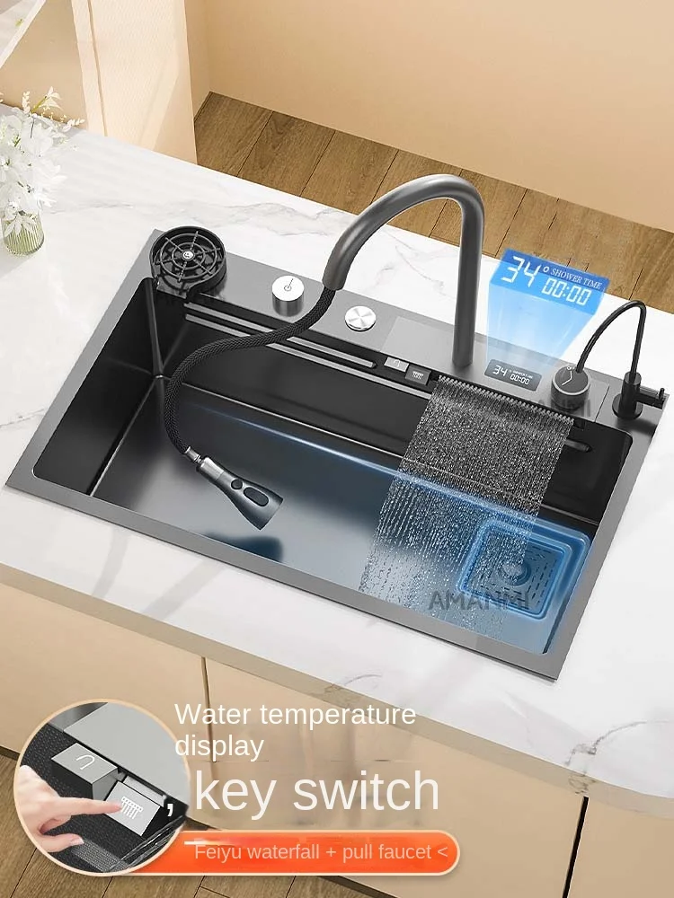 Digital Fly Rain Waterfall Kitchen Sink Large Single Sink Household 304 Stainless Steel Island Table Washbasin Bowl Sink Underco