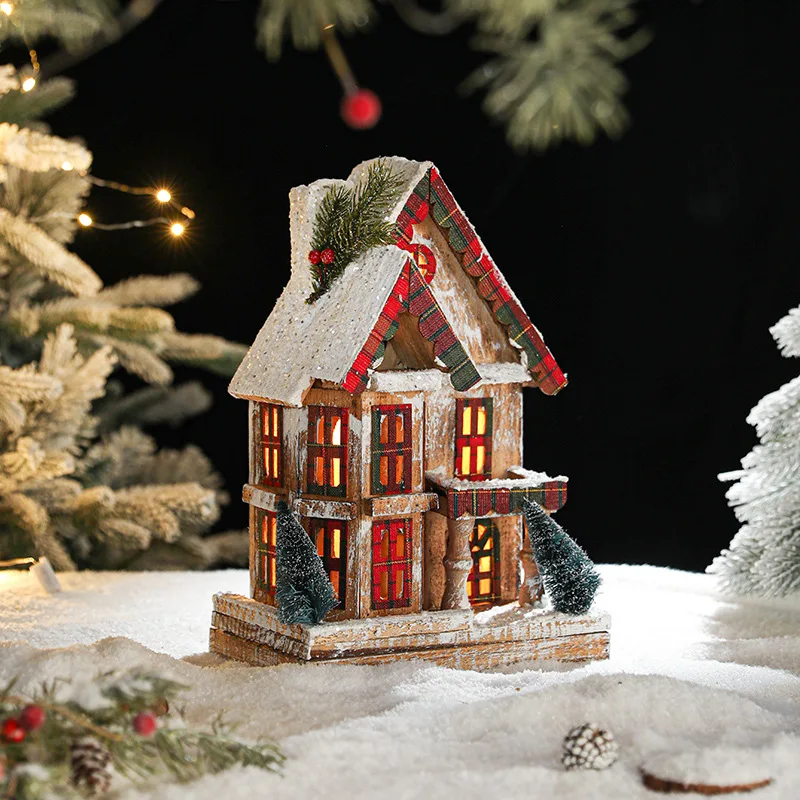 

Wooden Christmas Cabin with Lights - European Vintage Snow House Decor, Glowing Landscape