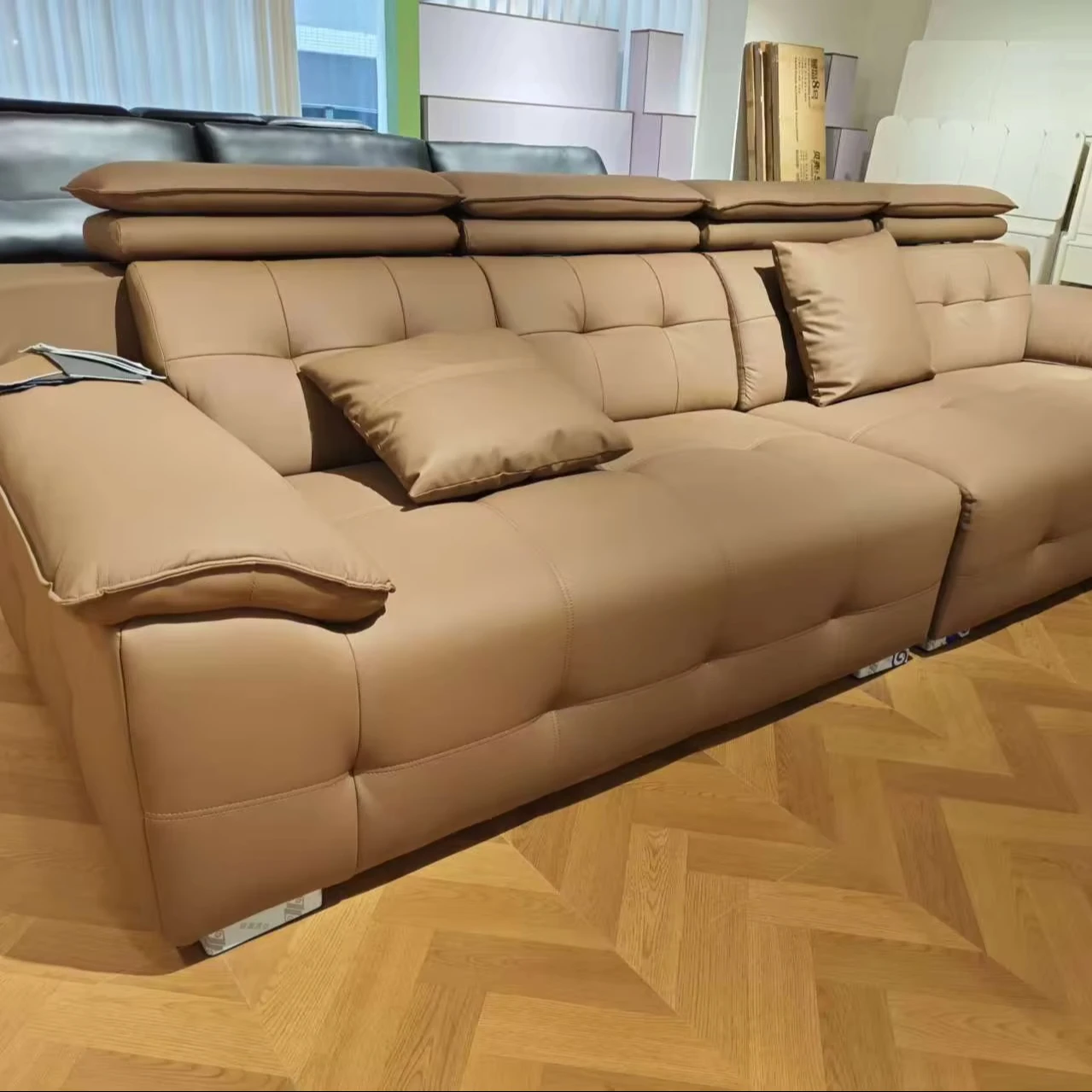 

！@Modern Eco-Leather Sectional Sofa with Larch Wood Base, Adjustable Headrest Tufted Living Room Couch
