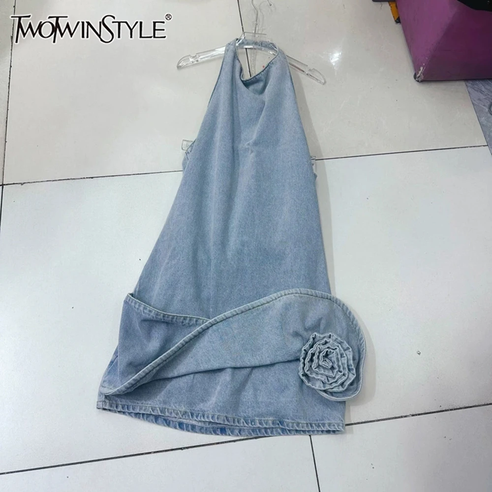 

TWOTWINSTYLE Designer Solid Slimming Denim Dresses For Women Round Neck Sleeveless High Waist Sexy Dress Female New KDR536993