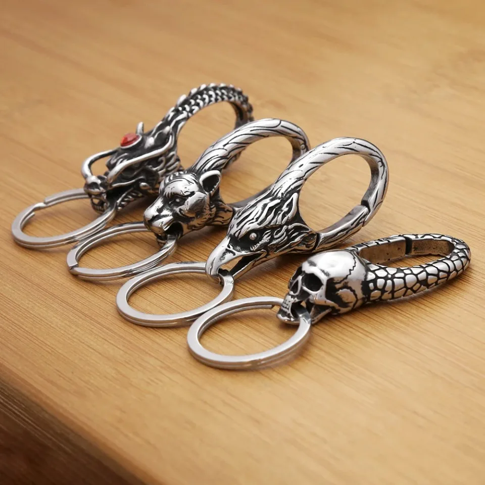 Vintage Punk Stainless Steel Animal Keychains For Men Women Fashion Dragon Head Keychain Waist Belt Clip Jewelry Gifts Wholesale