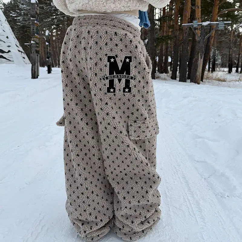 Deeptown Vintage Polka Dot Women Lamb Wool Pants Embroidery Wide Leg American Style Straight Fleece Trousers Baggy Thick Winter