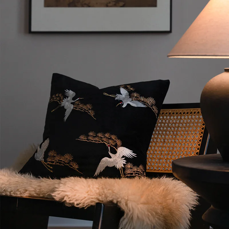 Chinese Embroidered Pillowcase Home Decor Living Room Sofa Cushion Cover Pine Crane  Pillow Covers Decorative