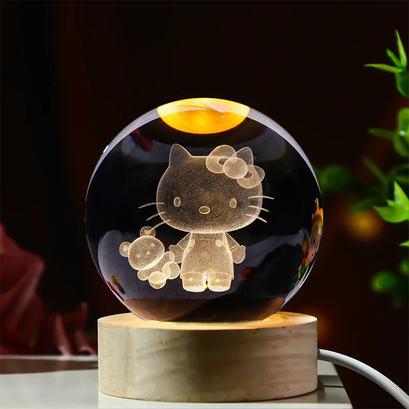 3D Crystal Ball Stitch Pikachu Kuromi Princess Hello Kitty Crystal Mini Night Lamp Desk Decoration Boy Girl Gifts