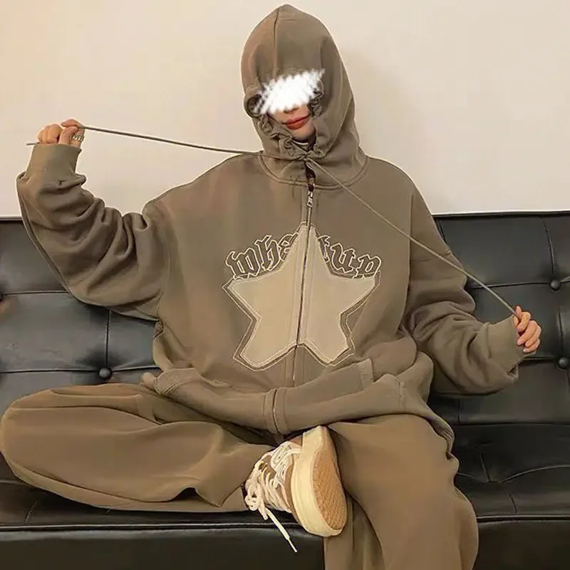 Herfst Winter Fleece Warme Hoodie Mode Ster Borduurwerk Capuchon Sweatshirts Met Lange Mouwen Y 2K Topzakken Oversized Hoodies Met Rits