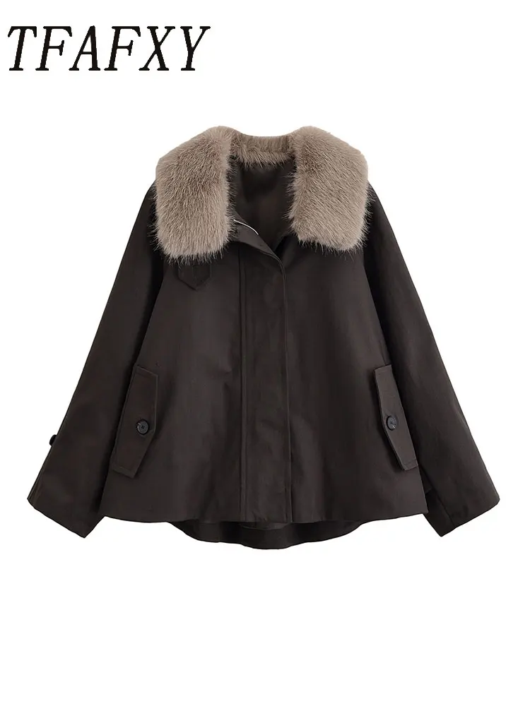 

TFAFXY Повседневная шикарная куртка-бомбер с мехом, однотонные пальто на молнии с карманами и длинными рукавами, новая мода 2024, осенне-зимняя верхняя одежда