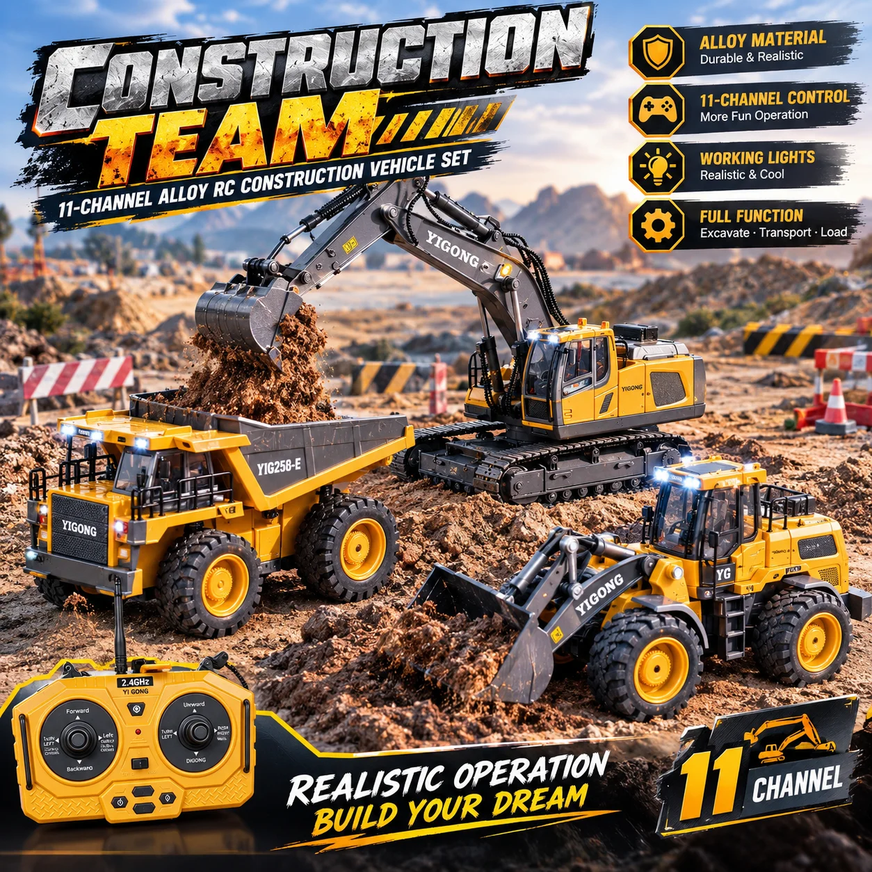 RC construction excavator toy, 11t channel engineering vehicle, LED lights and flexible excavation, children's birthday gift